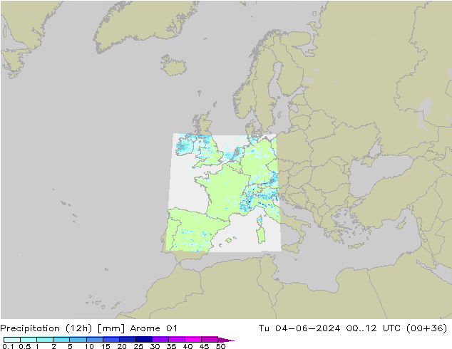 Totale neerslag (12h) Arome 01 di 04.06.2024 12 UTC