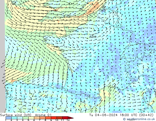 Wind 10 m (bft) Arome 01 di 04.06.2024 18 UTC