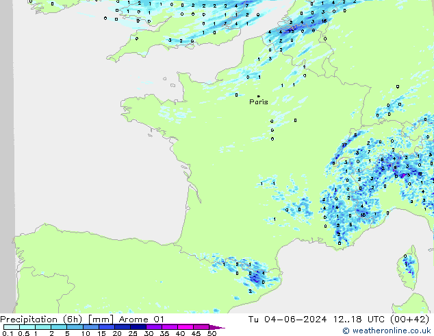 Precipitation (6h) Arome 01 Út 04.06.2024 18 UTC