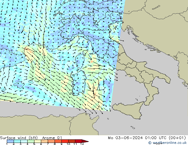 Vento 10 m (bft) Arome 01 Seg 03.06.2024 01 UTC