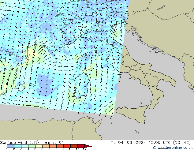 Surface wind (bft) Arome 01 Tu 04.06.2024 18 UTC