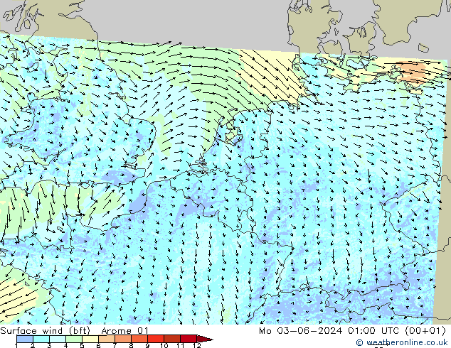 Surface wind (bft) Arome 01 Mo 03.06.2024 01 UTC