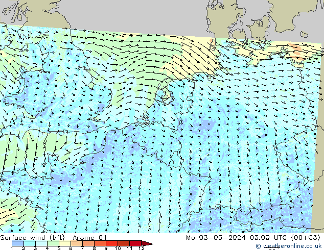 wiatr 10 m (bft) Arome 01 pon. 03.06.2024 03 UTC