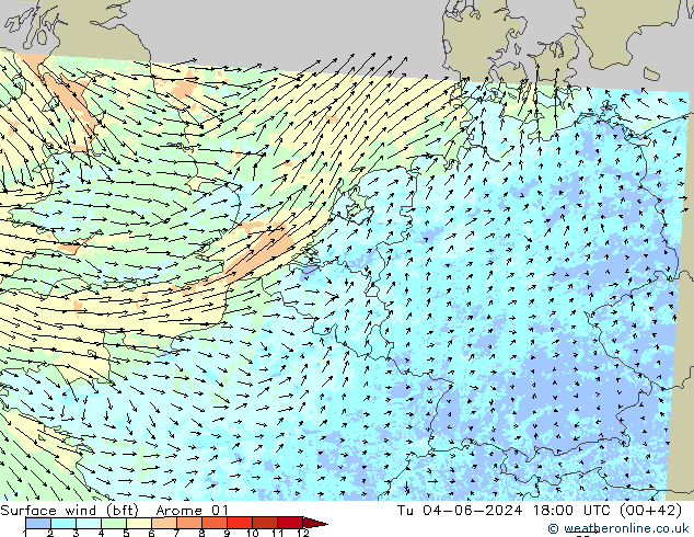 Wind 10 m (bft) Arome 01 di 04.06.2024 18 UTC