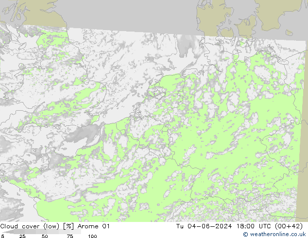 Cloud cover (low) Arome 01 Tu 04.06.2024 18 UTC
