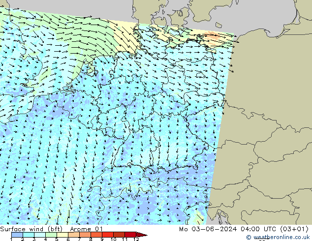 wiatr 10 m (bft) Arome 01 pon. 03.06.2024 04 UTC