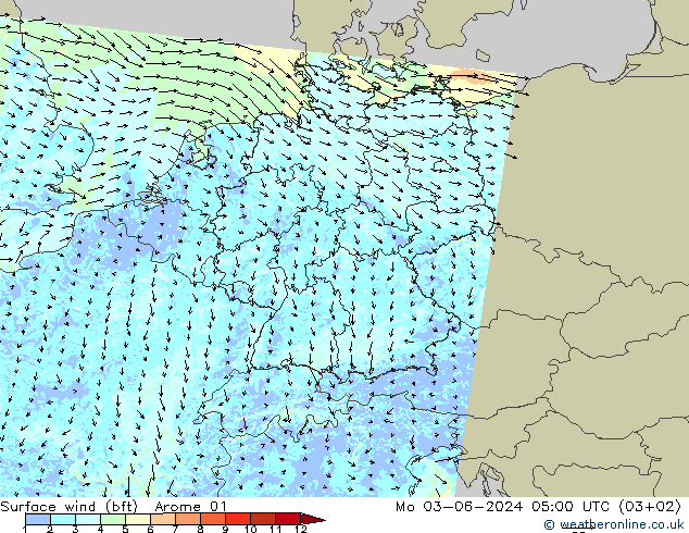 Bodenwind (bft) Arome 01 Mo 03.06.2024 05 UTC