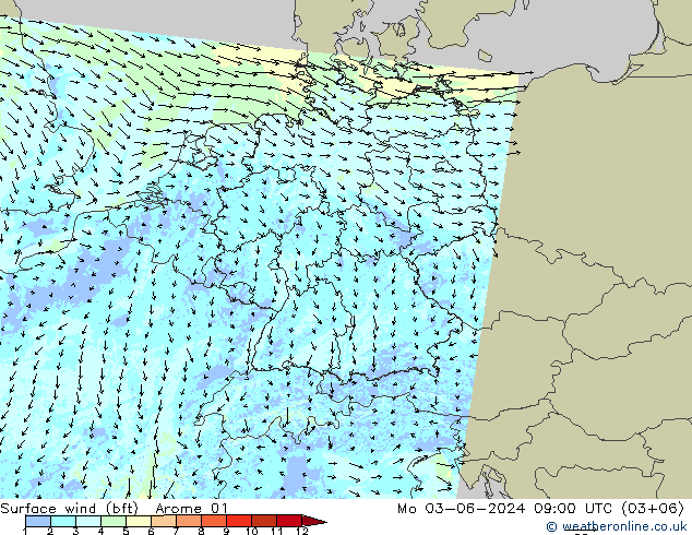 wiatr 10 m (bft) Arome 01 pon. 03.06.2024 09 UTC