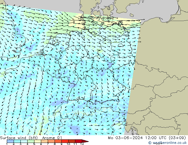 Wind 10 m (bft) Arome 01 ma 03.06.2024 12 UTC