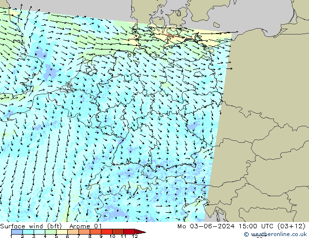 Surface wind (bft) Arome 01 Mo 03.06.2024 15 UTC