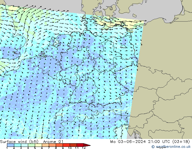 Wind 10 m (bft) Arome 01 ma 03.06.2024 21 UTC