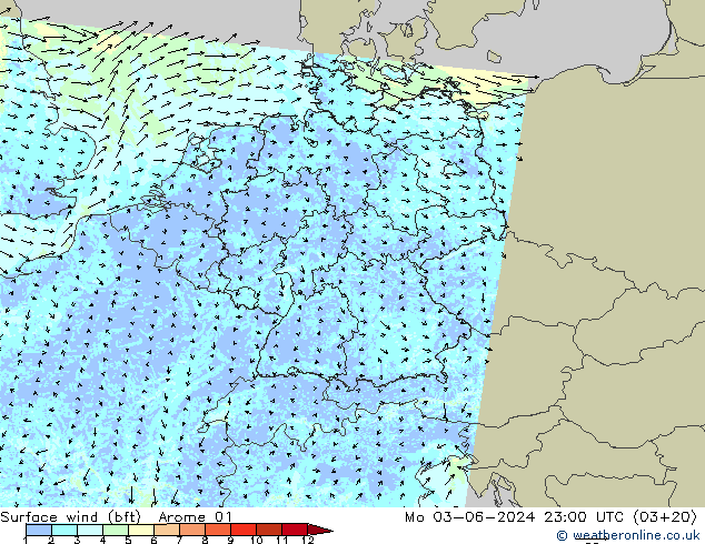 Rüzgar 10 m (bft) Arome 01 Pzt 03.06.2024 23 UTC