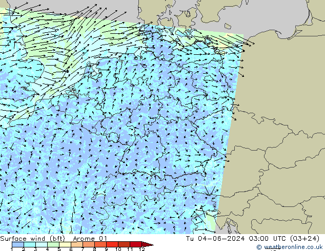 Surface wind (bft) Arome 01 Út 04.06.2024 03 UTC