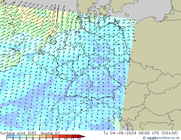 Bodenwind (bft) Arome 01 Di 04.06.2024 09 UTC