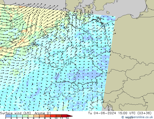 Rüzgar 10 m (bft) Arome 01 Sa 04.06.2024 15 UTC