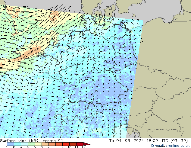Surface wind (bft) Arome 01 Út 04.06.2024 18 UTC