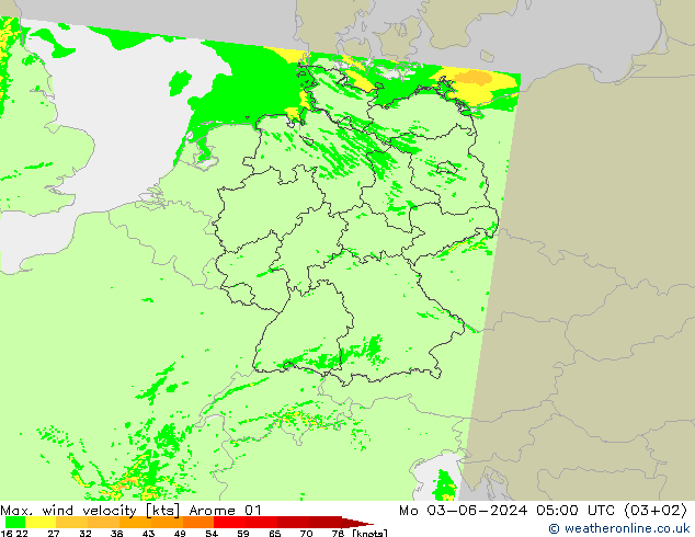 Max. wind velocity Arome 01 Mo 03.06.2024 05 UTC