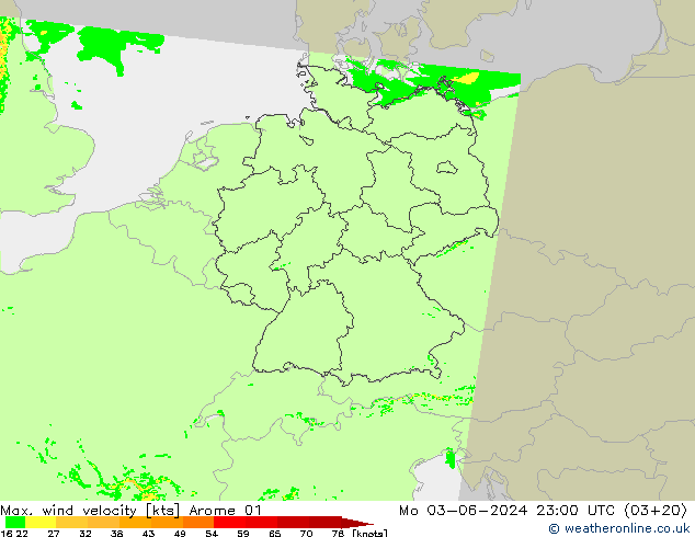 Max. wind snelheid Arome 01 ma 03.06.2024 23 UTC