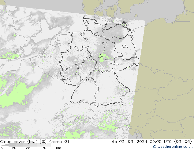 Bewolking (Laag) Arome 01 ma 03.06.2024 09 UTC