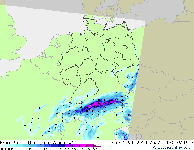 Precipitation (6h) Arome 01 Mo 03.06.2024 09 UTC