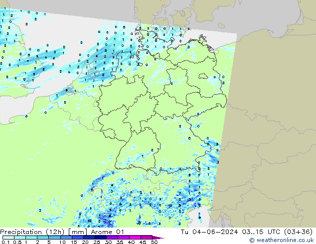 Yağış (12h) Arome 01 Sa 04.06.2024 15 UTC