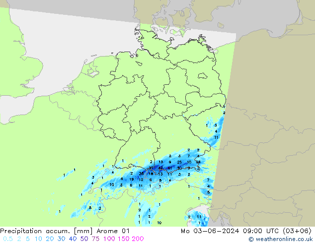 Precipitation accum. Arome 01 Po 03.06.2024 09 UTC