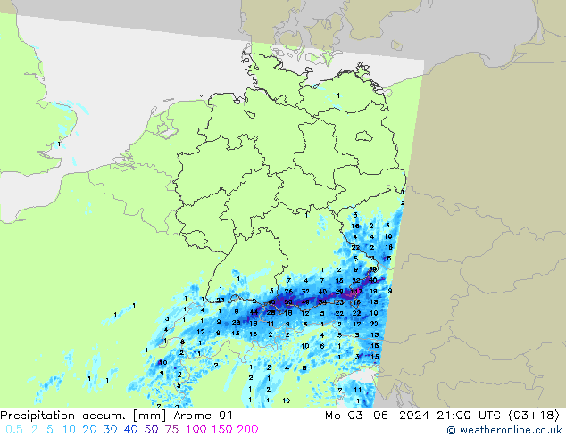 Precipitation accum. Arome 01 Mo 03.06.2024 21 UTC