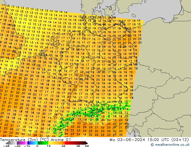 Temperaturkarte (2m) Arome 01 Mo 03.06.2024 15 UTC