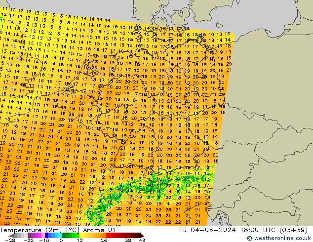 Temperatura (2m) Arome 01 mar 04.06.2024 18 UTC