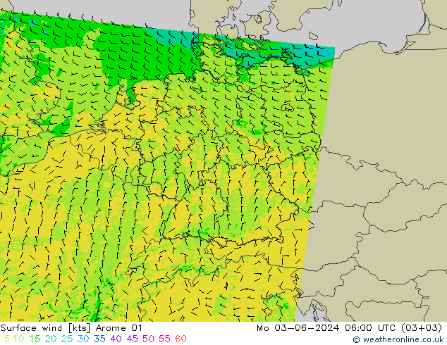 风 10 米 Arome 01 星期一 03.06.2024 06 UTC