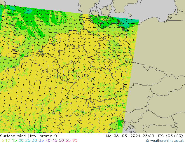 wiatr 10 m Arome 01 pon. 03.06.2024 23 UTC