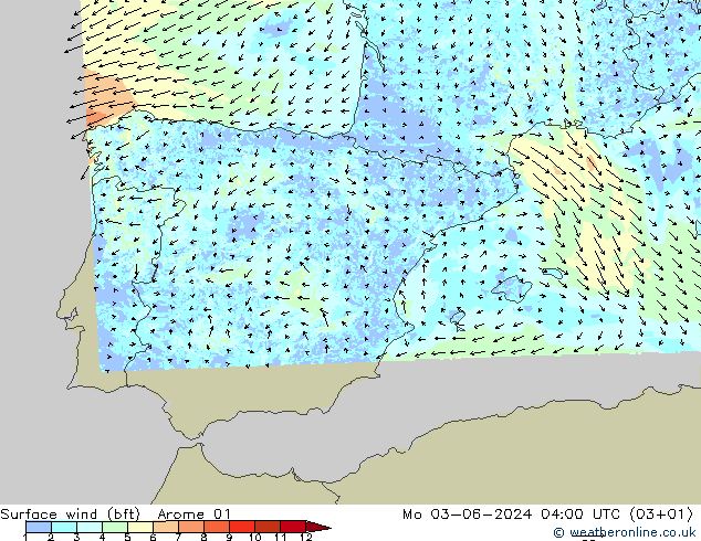 Surface wind (bft) Arome 01 Po 03.06.2024 04 UTC