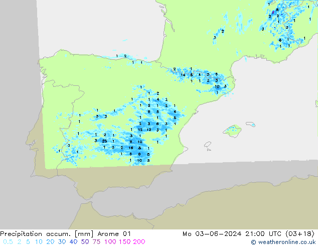 Totale neerslag Arome 01 ma 03.06.2024 21 UTC