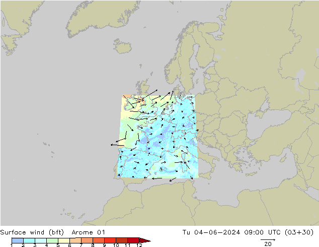 Viento 10 m (bft) Arome 01 mar 04.06.2024 09 UTC