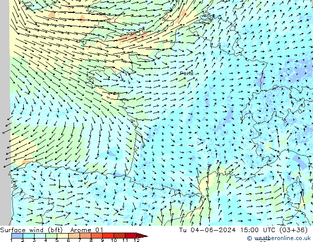 Surface wind (bft) Arome 01 Tu 04.06.2024 15 UTC