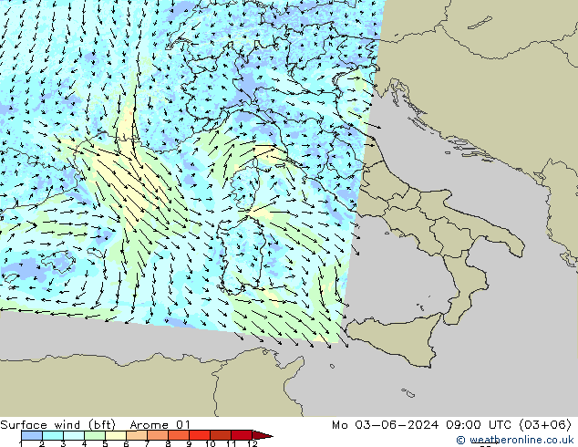 Surface wind (bft) Arome 01 Mo 03.06.2024 09 UTC