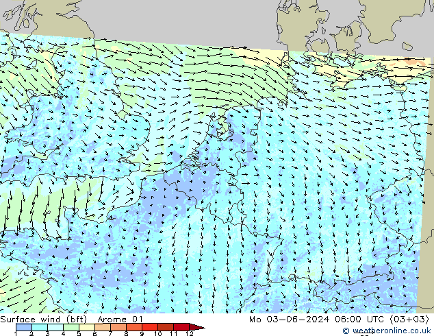 Surface wind (bft) Arome 01 Po 03.06.2024 06 UTC