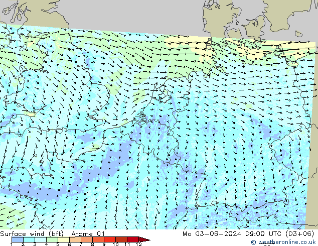 Surface wind (bft) Arome 01 Mo 03.06.2024 09 UTC
