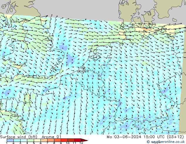 Surface wind (bft) Arome 01 Po 03.06.2024 15 UTC