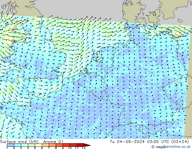 Wind 10 m (bft) Arome 01 di 04.06.2024 03 UTC