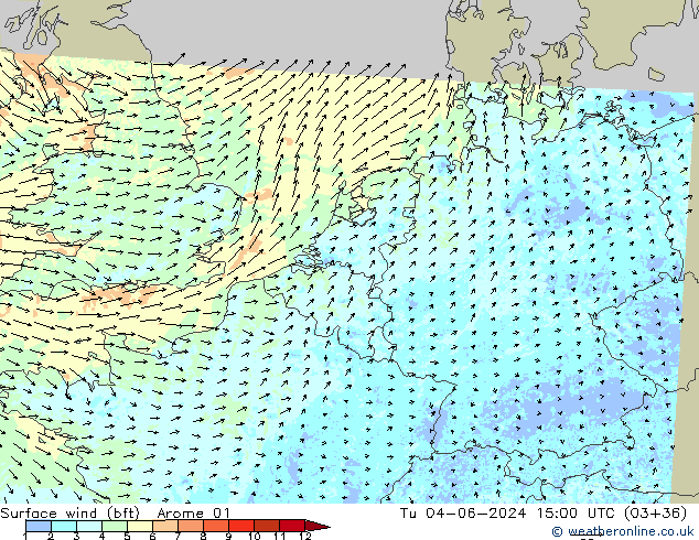wiatr 10 m (bft) Arome 01 wto. 04.06.2024 15 UTC