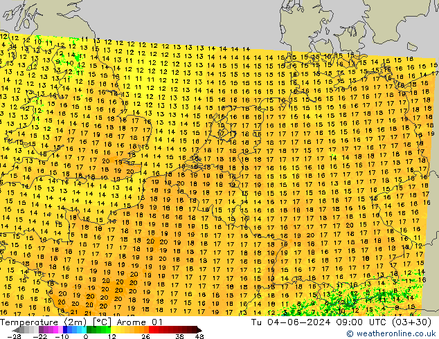 Temperatuurkaart (2m) Arome 01 di 04.06.2024 09 UTC