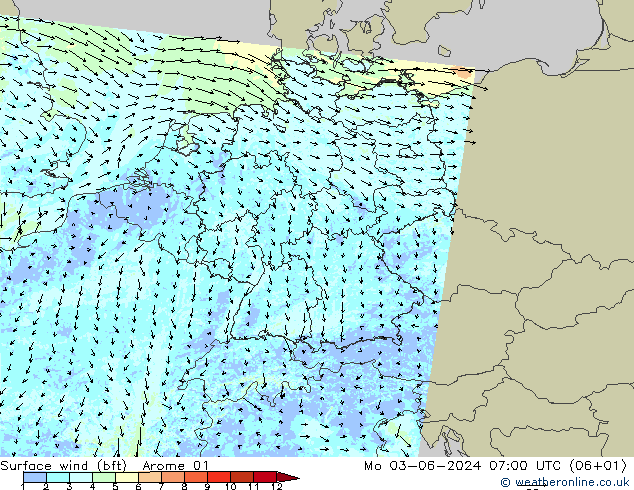 Wind 10 m (bft) Arome 01 ma 03.06.2024 07 UTC