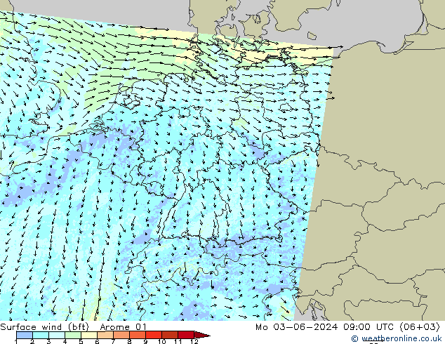 Wind 10 m (bft) Arome 01 ma 03.06.2024 09 UTC