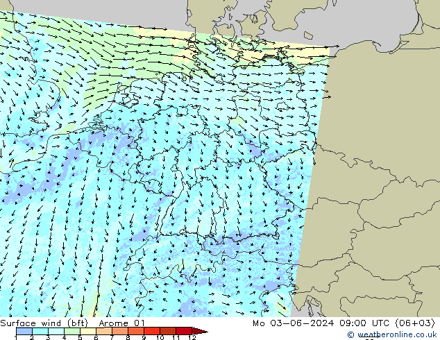 Viento 10 m (bft) Arome 01 lun 03.06.2024 09 UTC