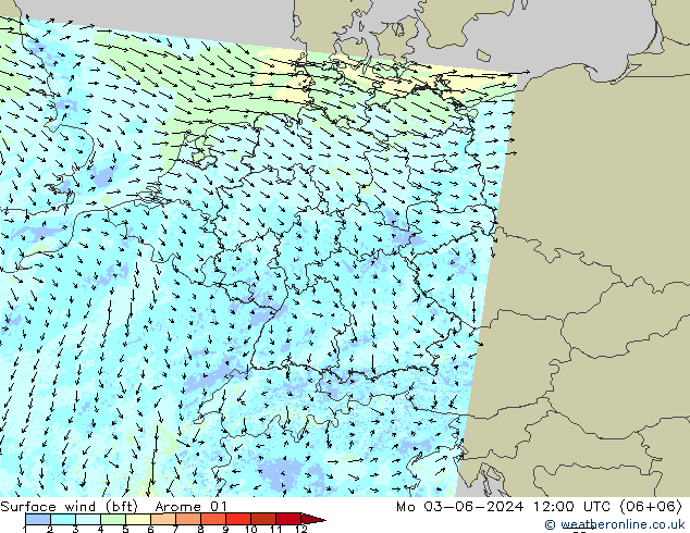 Wind 10 m (bft) Arome 01 ma 03.06.2024 12 UTC