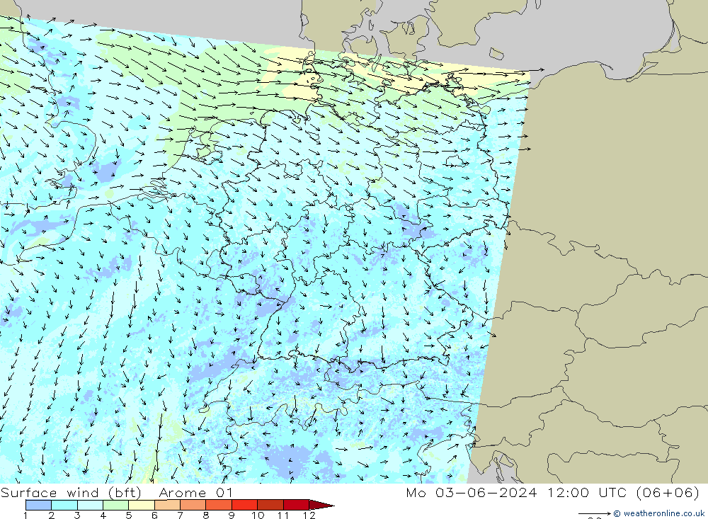 Viento 10 m (bft) Arome 01 lun 03.06.2024 12 UTC