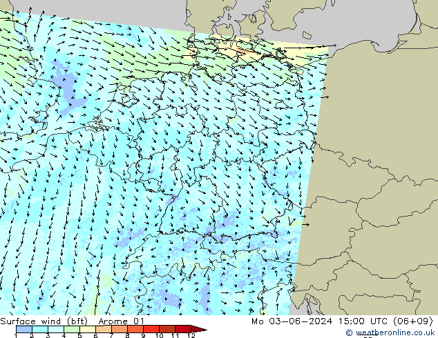 wiatr 10 m (bft) Arome 01 pon. 03.06.2024 15 UTC