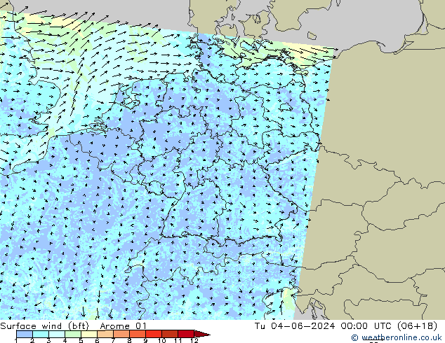 Surface wind (bft) Arome 01 Út 04.06.2024 00 UTC