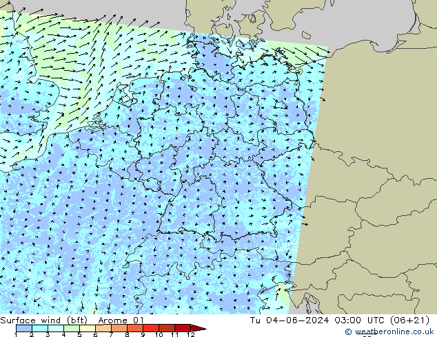 Bodenwind (bft) Arome 01 Di 04.06.2024 03 UTC